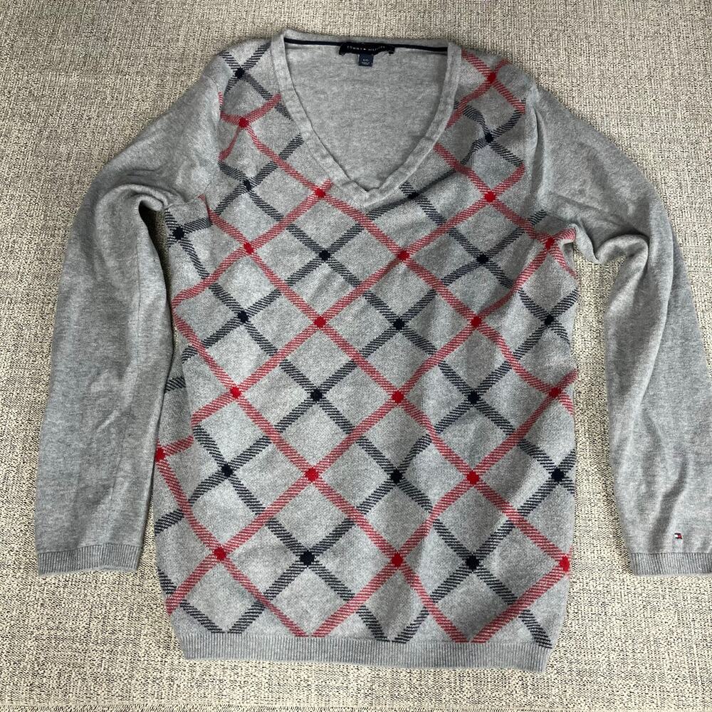Tommy Hilfiger Women’s Cotton V-Neck Sweater Plaid Gray Red Blue Large